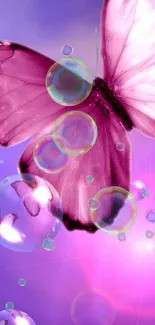 Purple butterfly with bubbles on a dreamy background for mobile wallpaper.