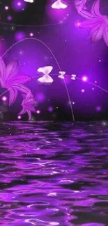 Purple butterfly wallpaper with water reflections creating a dreamlike effect.