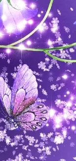 Purple butterfly and flowers wallpaper with sparkling effects.