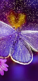 Purple butterfly on dreamy bokeh background with vibrant colors.