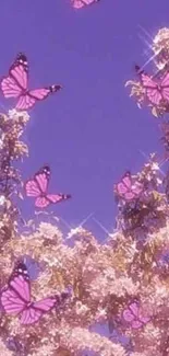 Purple butterflies flutter in a dreamy floral setting against a lavender sky.