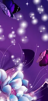 Purple wallpaper with butterflies and flowers.