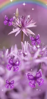 Magical purple flowers with butterflies and a rainbow.