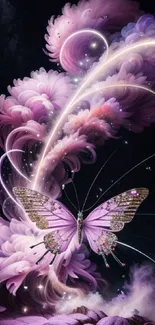 Enchanted purple butterfly amidst cosmic dreamscape.