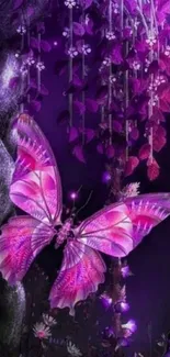 Purple butterfly in a magical forest setting.