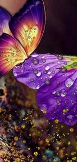 Purple butterfly on a flower with droplets and sparkles in a fantasy setting.