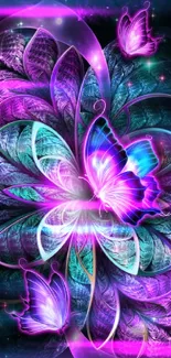 Purple butterfly and floral design wallpaper.