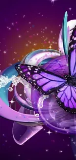 Purple butterfly on abstract background with vibrant colors.