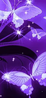 Purple butterflies with luminescent glow on a dark, artistic background.