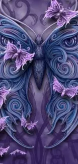 Purple and blue intricate butterfly design on fantasy wallpaper.