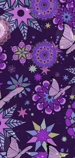 Purple butterfly fantasy art with floral and star patterns.