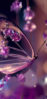 Elegant purple butterfly with crystals in fantasy art wallpaper.