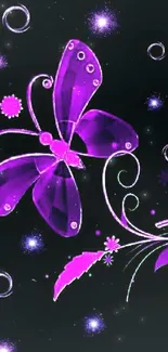 Purple butterfly on dark floral background wallpaper.