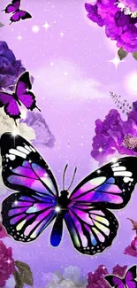 Purple butterfly wallpaper with flowers and sparkles, perfect for mobile.