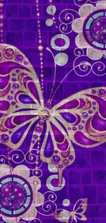 Purple butterfly on ornate background wallpaper