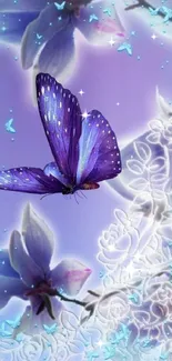 Purple butterfly with floral background on a dreamy fantasy theme.