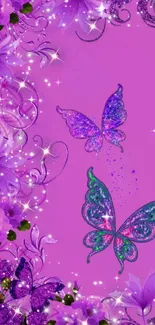 Purple butterfly and floral mobile wallpaper with sparkles.