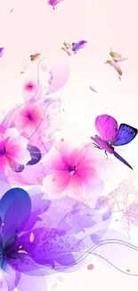 Vibrant purple butterflies with floral accents on a light background.