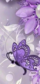 Purple butterfly and flowers wallpaper with elegant design.