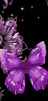 Purple butterfly on dark floral background wallpaper.