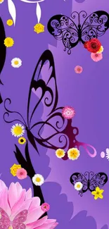 Purple wallpaper with butterflies and flowers in artistic style.