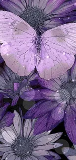 Purple butterfly resting on flowers in an elegant, artistic wallpaper.