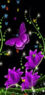 Purple butterfly and flowers with glowing swirls on black background.