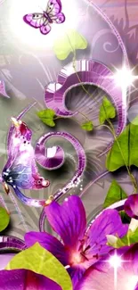 Vibrant purple butterfly and floral mobile wallpaper design.