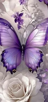 Purple butterfly with floral background design.