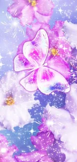 Delicate purple butterfly with floral background on mobile wallpaper.