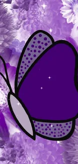 Vibrant purple butterfly with floral background.