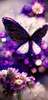 Purple butterfly with flowers mobile wallpaper.