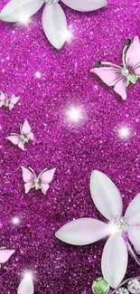 Purple glitter wallpaper with butterflies and flowers.