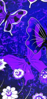 Vibrant purple butterfly wallpaper featuring floral elements and textured background.