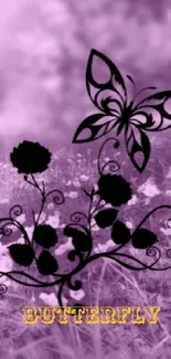 Purple butterfly and floral wallpaper with tree background.