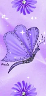 Purple butterfly with floral accent on lavender background.