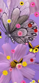 Purple background with butterflies and colorful flowers.