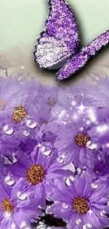 Purple butterfly flies over lilac flowers with sparkles.