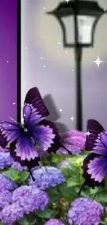 Vibrant purple butterflies with hydrangeas and a lamp post.