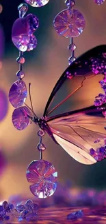 Purple butterfly with gem accents on a serene mobile wallpaper.