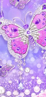 Purple butterfly with gems and crystals on a sparkling background.