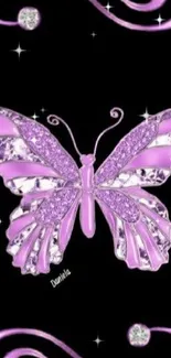 Purple glitter butterfly on black background with swirl pattern.