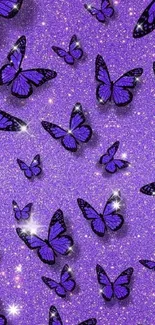 Shimmering purple butterflies on a glittery background.