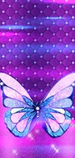 Vibrant purple glitter wallpaper with a stylish butterfly design.