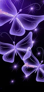 Purple butterflies with glowing stars on a dark background.