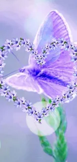 Purple butterfly with a heart-shaped floral wreath in lavender tones.