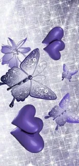 Purple butterfly and heart design wallpaper for mobile.