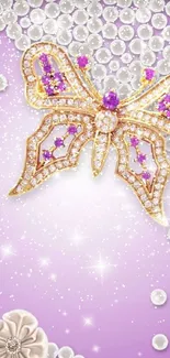 Jeweled butterfly on purple background with pearls and flowers.