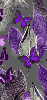 Purple butterflies and gray leaves wallpaper with artistic design.