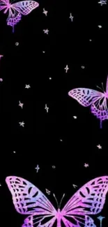 Purple butterflies on black wallpaper with stars and cosmic theme.